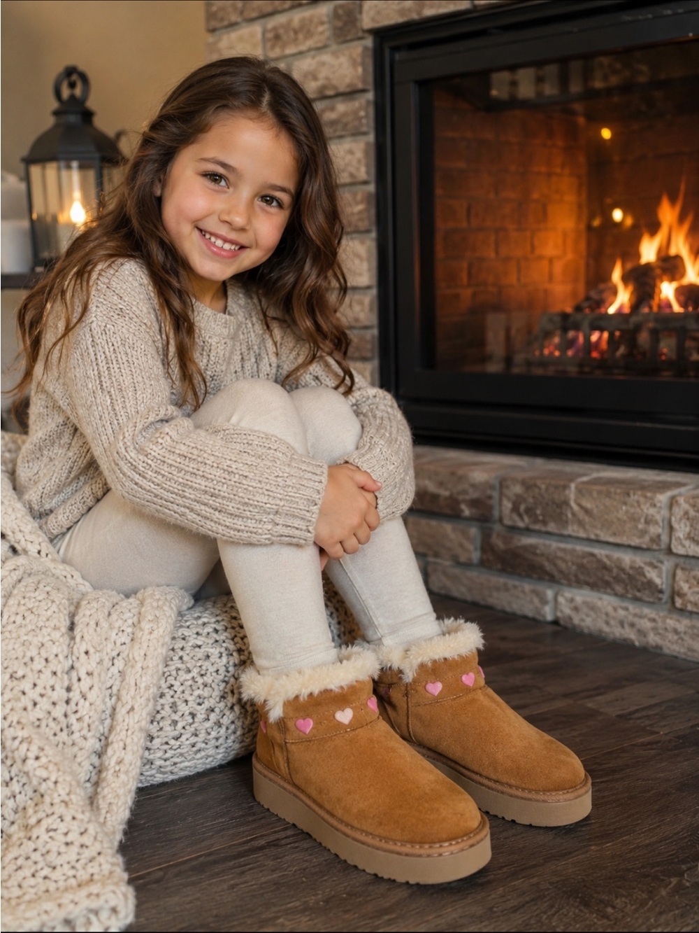 Skechers Tan Kids Faux-Fur Booties with Pink Heart Accents
